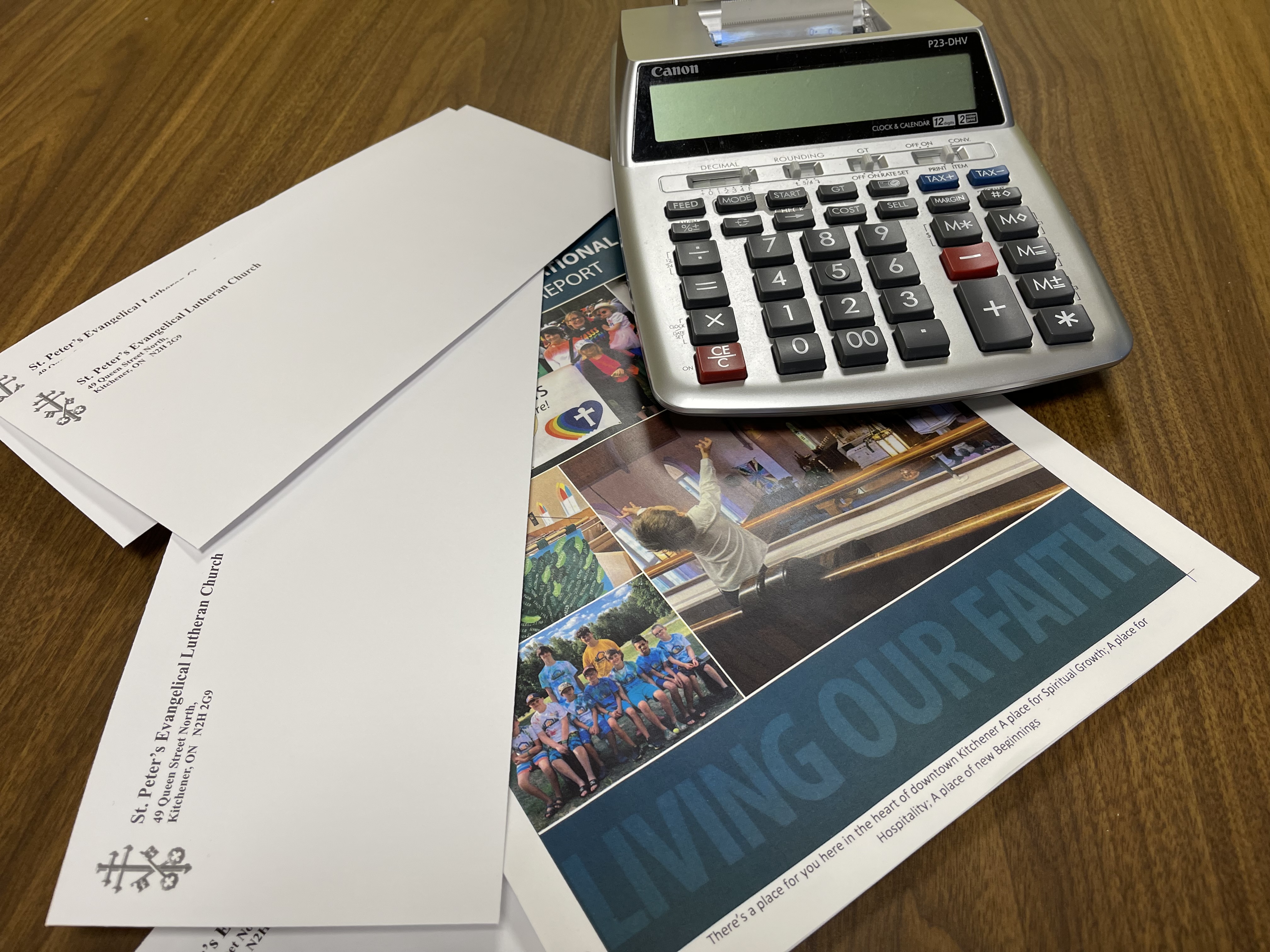 Calculator with St. Peter's thank you envelopes